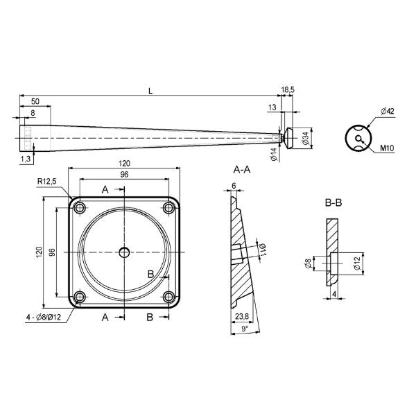 Skråt konisk bordben 450mm, sort